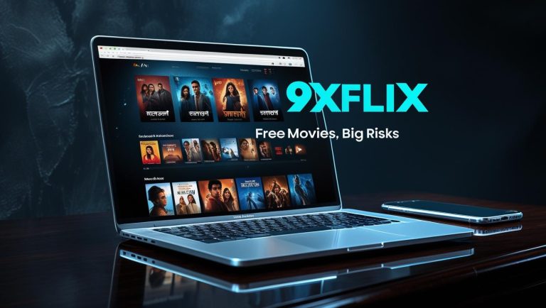 Laptop and smartphone glowing on a desk showing a movie website interface 9xflix 2026- Bollywood and Hollywood movie posters faded in the background- text - 9x Flix 2026