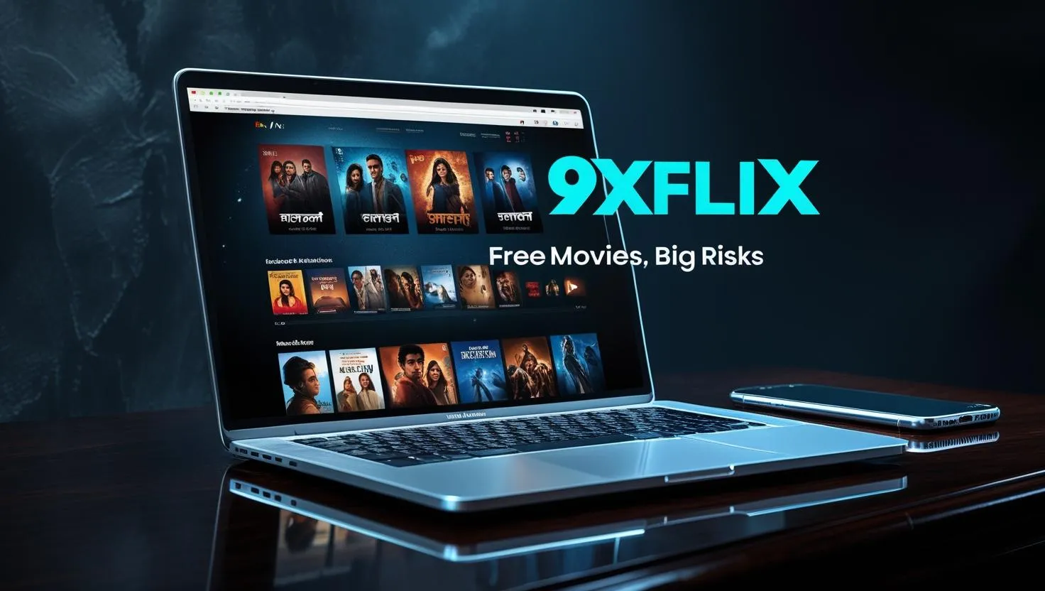 Laptop and smartphone glowing on a desk showing a movie website interface 9xflix movies- Bollywood and Hollywood movie posters faded in the background- text - 9x Flix movies