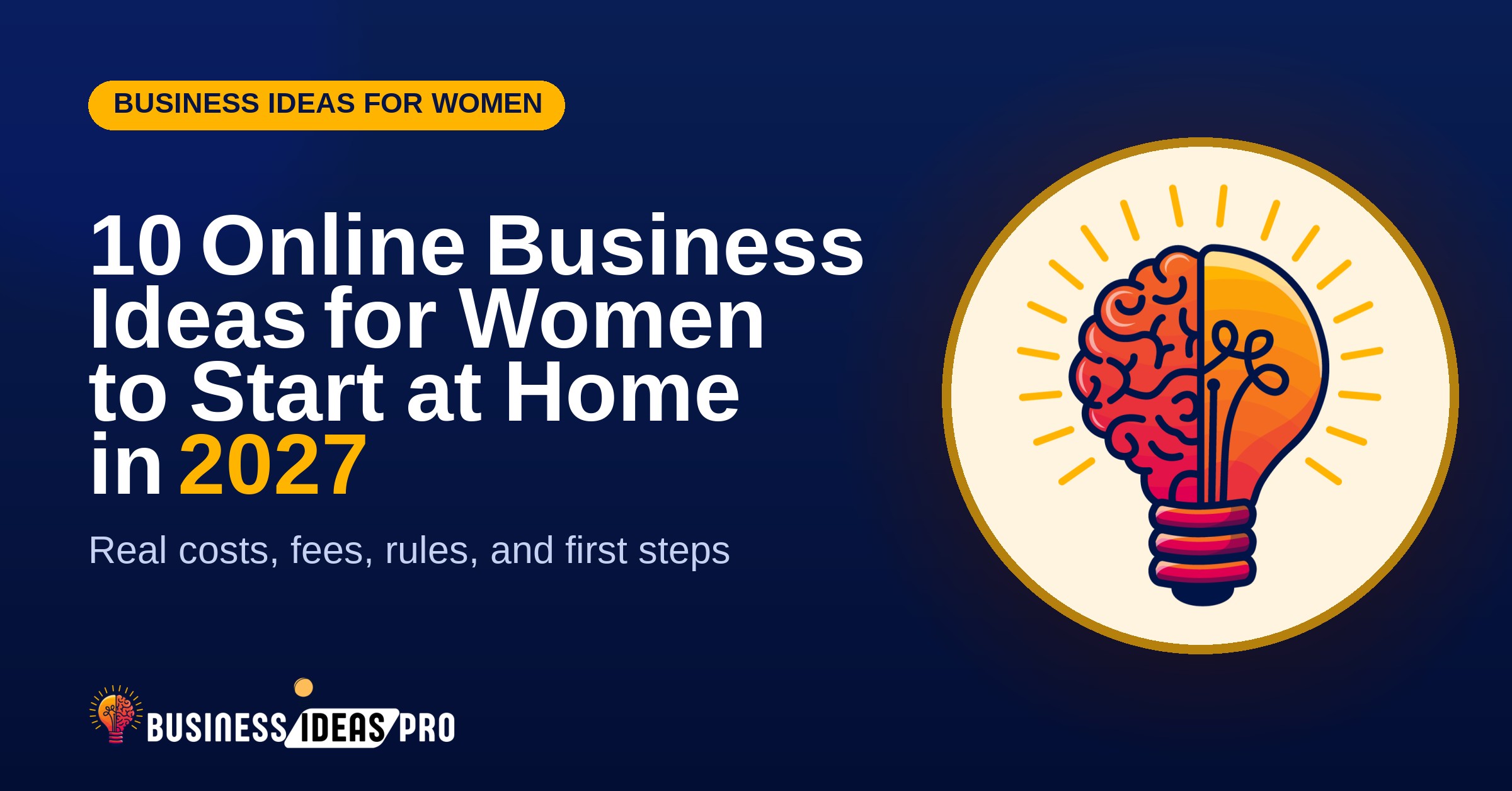 10 online business ideas for women to start at home in 2027, shown beside the Business Ideas Pro lightbulb and brain logo