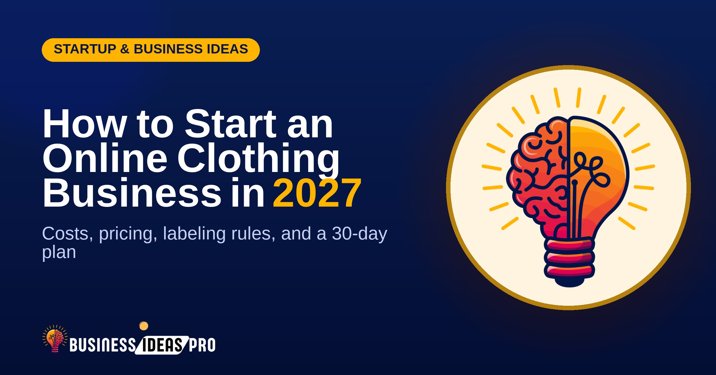 How to start an online clothing business in 2027, shown beside the Business Ideas Pro lightbulb and brain logo
